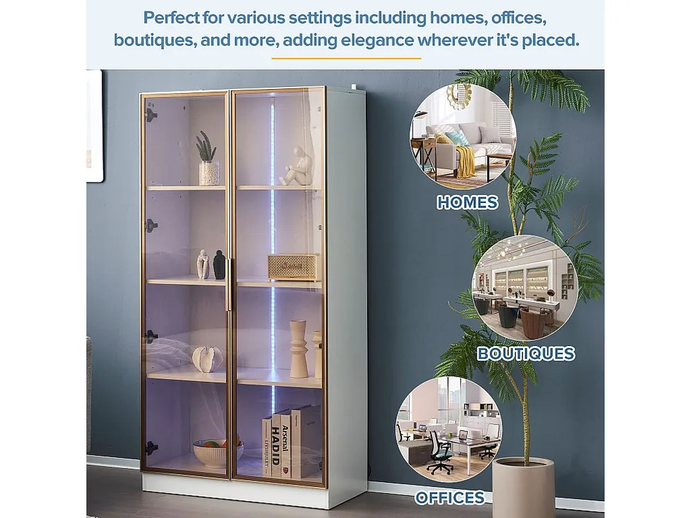 Vitrine met 2 glazen deuren, hoog dressoir - LED's - 80 x 40 x 160 cm - spaanplaat - Wit | 400W | 40000 lm