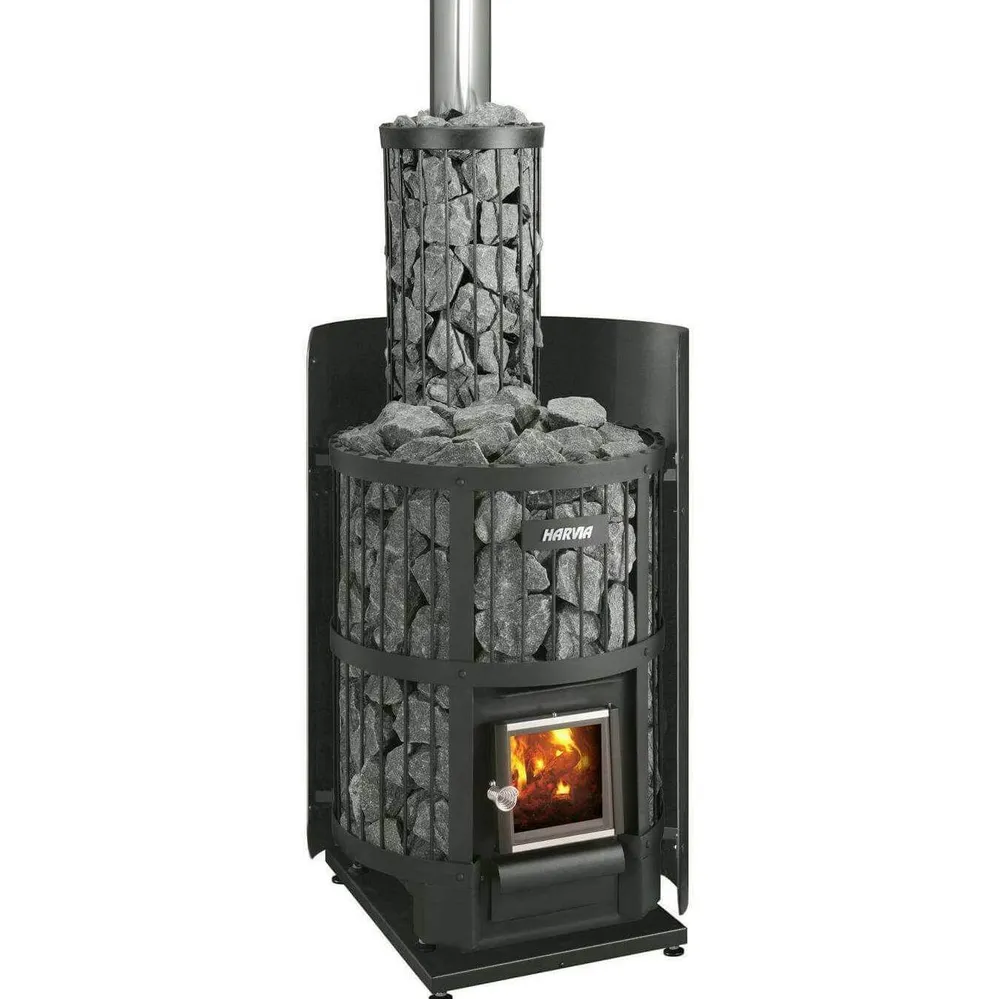 Harvia Legend 150 16kW Wood Burning Stove Package w/ Chimney Kit, Rock Cage, Protective Bedding, Sheath, Stones