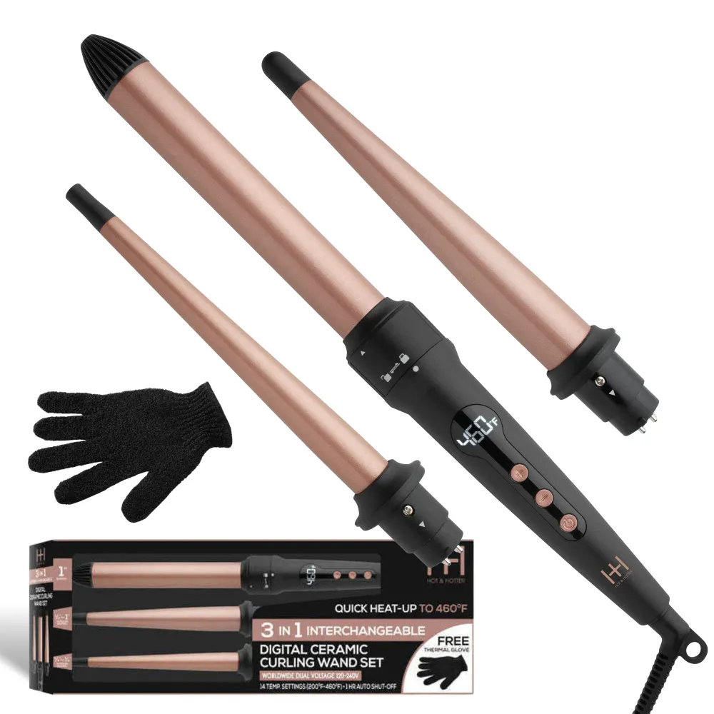 Hot & Hotter 3 1 Interchangeable Digital Curling Wand Set, 1 Count Curling Iron Set, Rose Goud