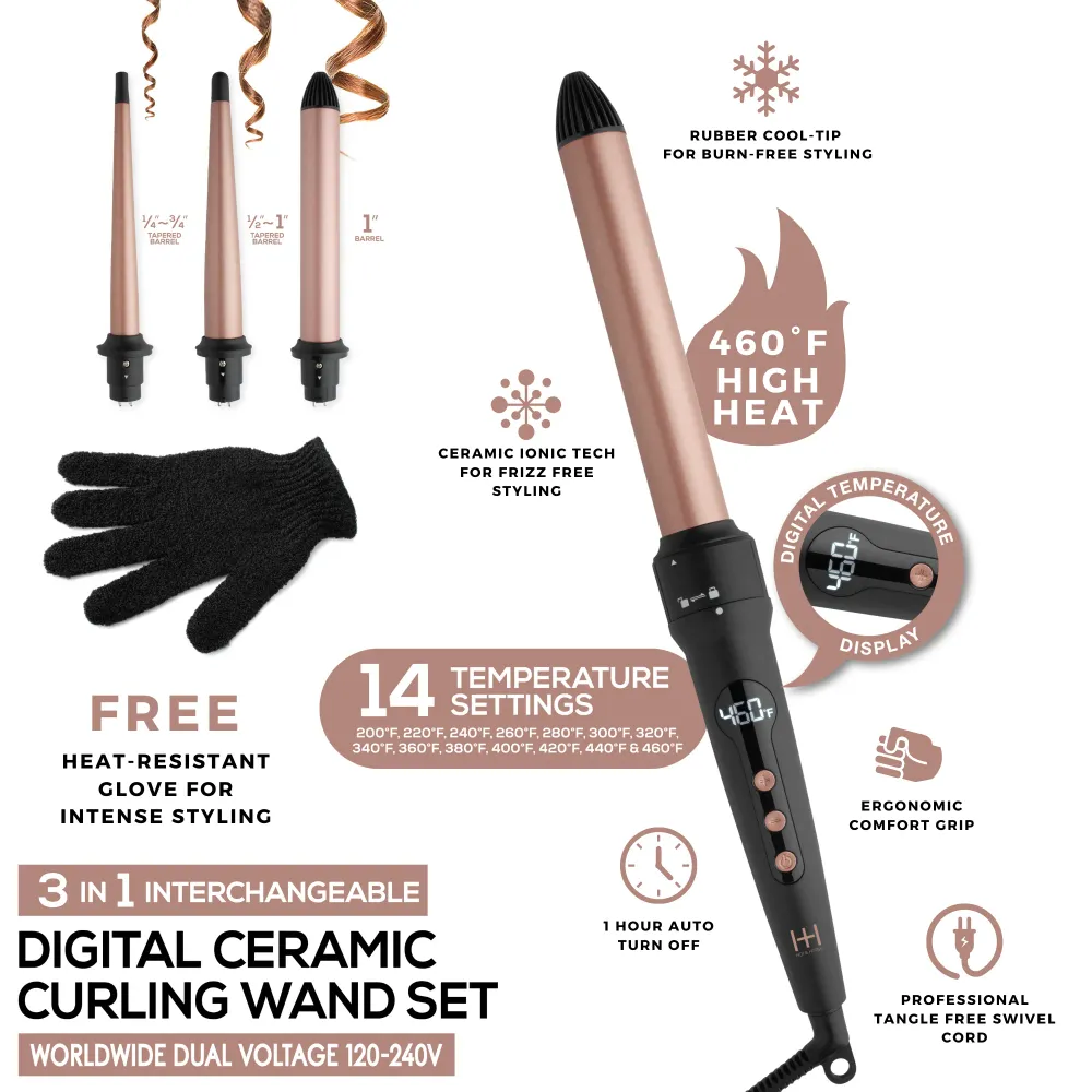 Hot & Hotter 3 1 Interchangeable Digital Curling Wand Set, 1 Count Curling Iron Set, Rose Goud