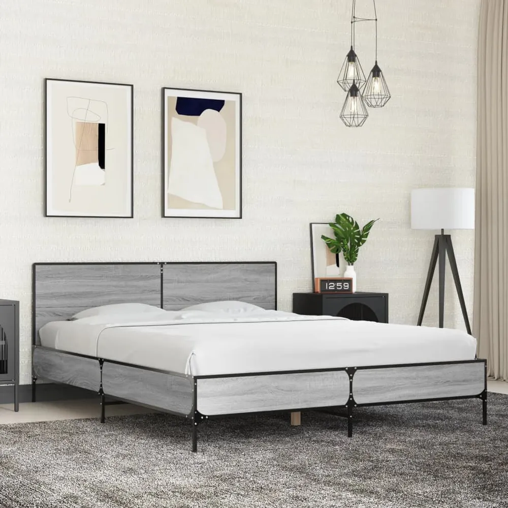 Bedframe bewerkt hout metaal grijs sonoma eiken 160x200 cm