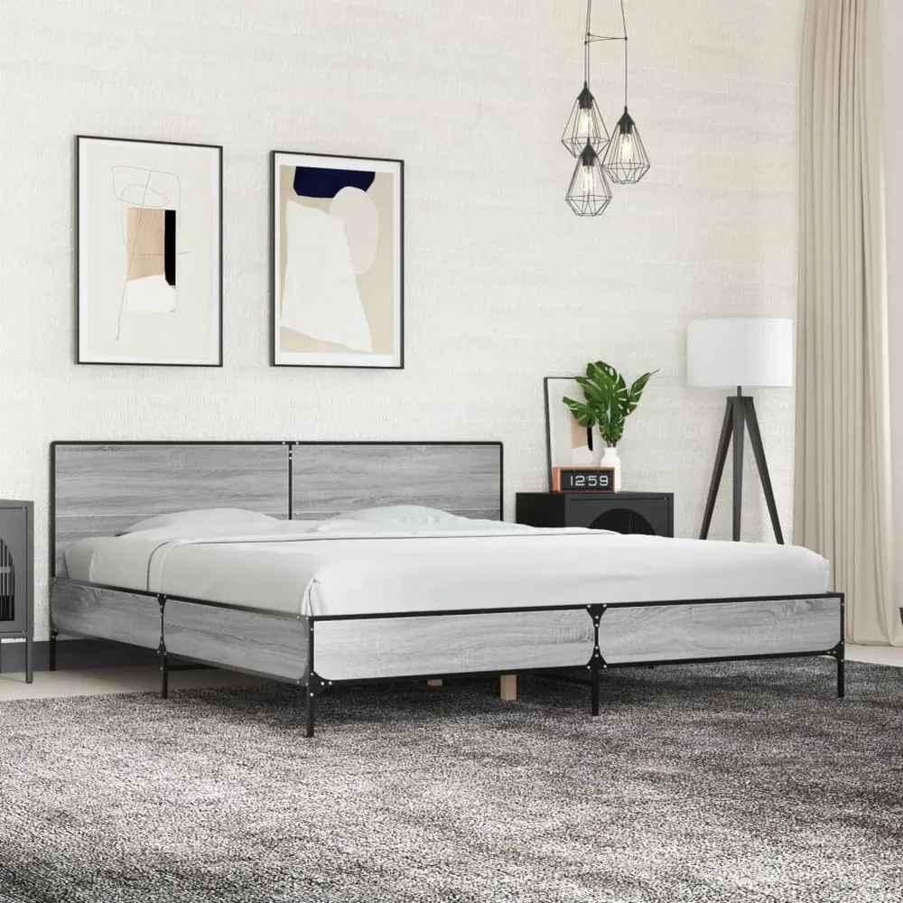 Bedframe bewerkt hout metaal grijs sonoma eiken 200x200 cm