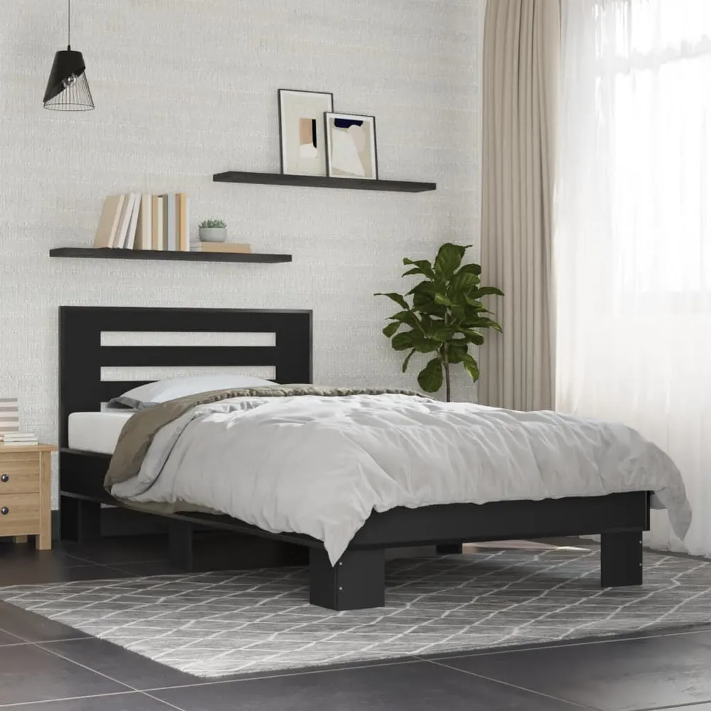 Buitenmuur Bedframe bewerkt hout en metaal zwart 90x200 cm