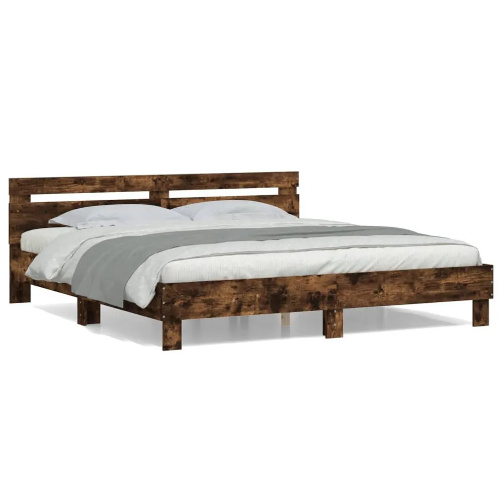 Buitenmuur Bedframe met hoofdeinde bewerkt hout gerookt eiken 160x200 cm