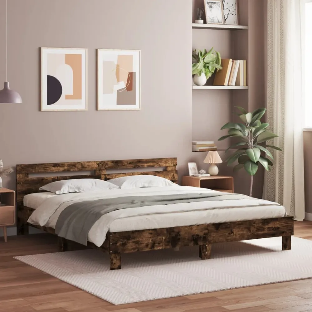 Buitenmuur Bedframe met hoofdeinde bewerkt hout gerookt eiken 160x200 cm