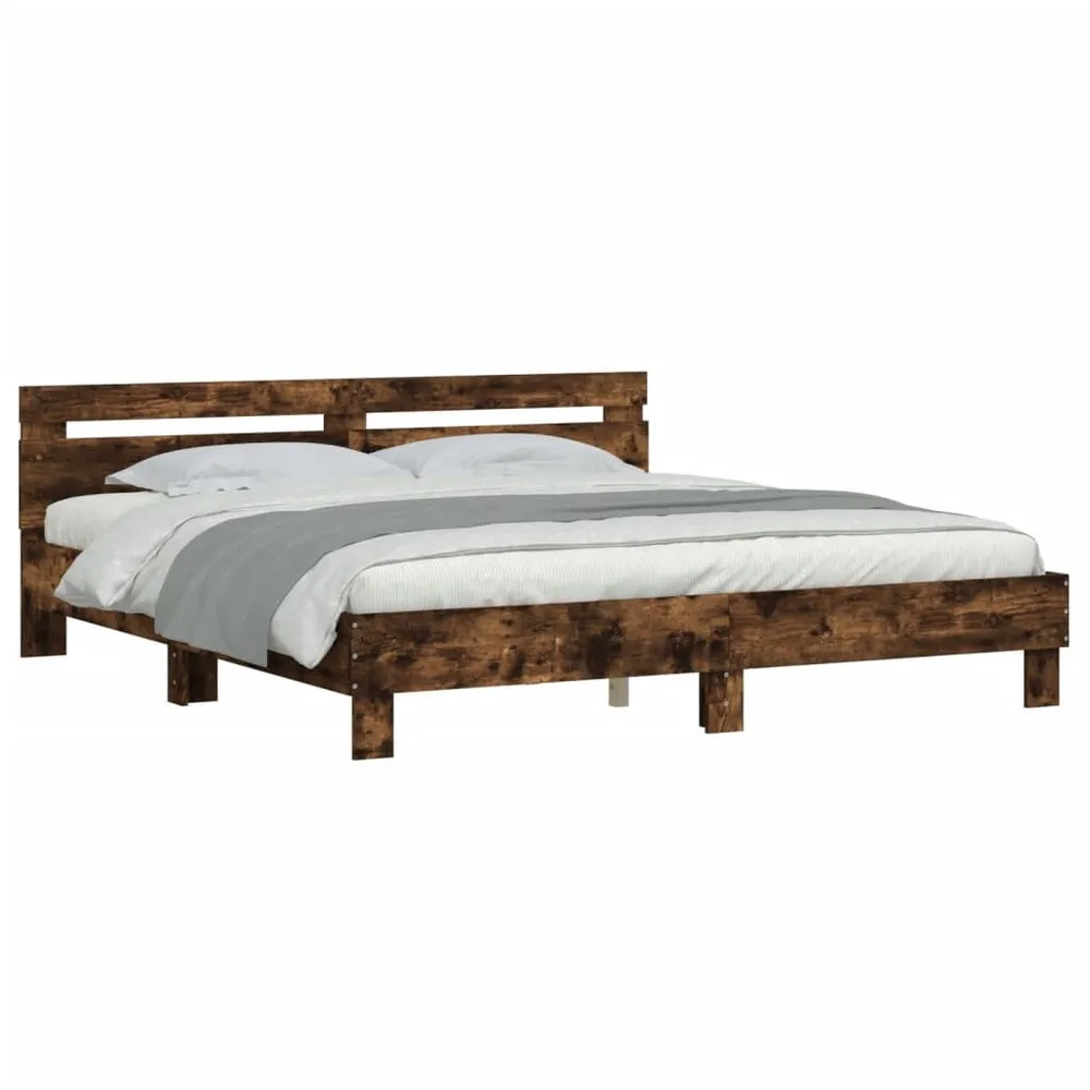 Buitenmuur Bedframe met hoofdeinde bewerkt hout gerookt eiken 160x200 cm