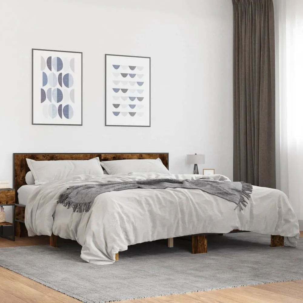 Professionele Kwaliteit Bedframe bewerkt hout metaal gerookt eikenkleurig 200x200 cm