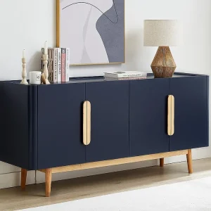 Buffetkast met 4 deurtjes van mdf en hevea - Blauw en zacht naturel - DUNELON