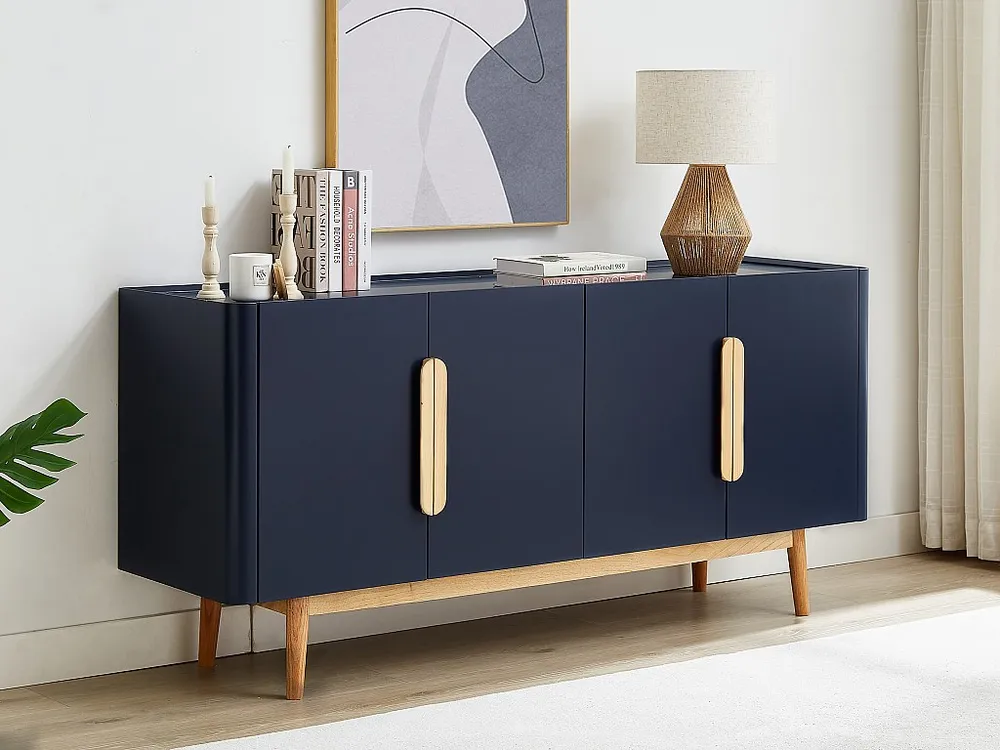 Buffetkast met 4 deurtjes van mdf en hevea - Blauw en zacht naturel - DUNELON