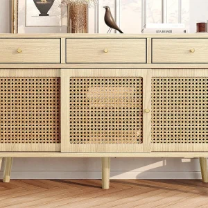 Dressoir met 3 lades en 3 schuifdeuren geweven rotan - verstelbare planken - Naturel