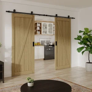 Hangende dubbele schuifdeur met rails - Hout en mdf, helder naturel - 2 x H205 x L93 cm - BALERMA