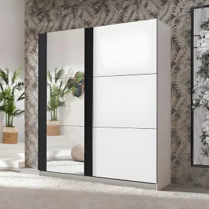 Kast met 2 schuifdeuren met spiegel L217 cm Wit en zwart SUTERA - Koop nu online