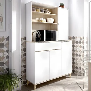 Keukenbuffet WAJDI - 4 deuren, 1 lade en 3 nissen - Wit en eiken - Koop nu online