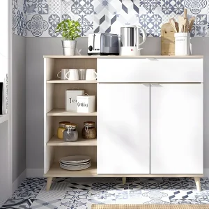 Keukenbuffet WAJDI - 2 deuren, 1 lade en 4 nissen - Wit en eiken - Koop nu online