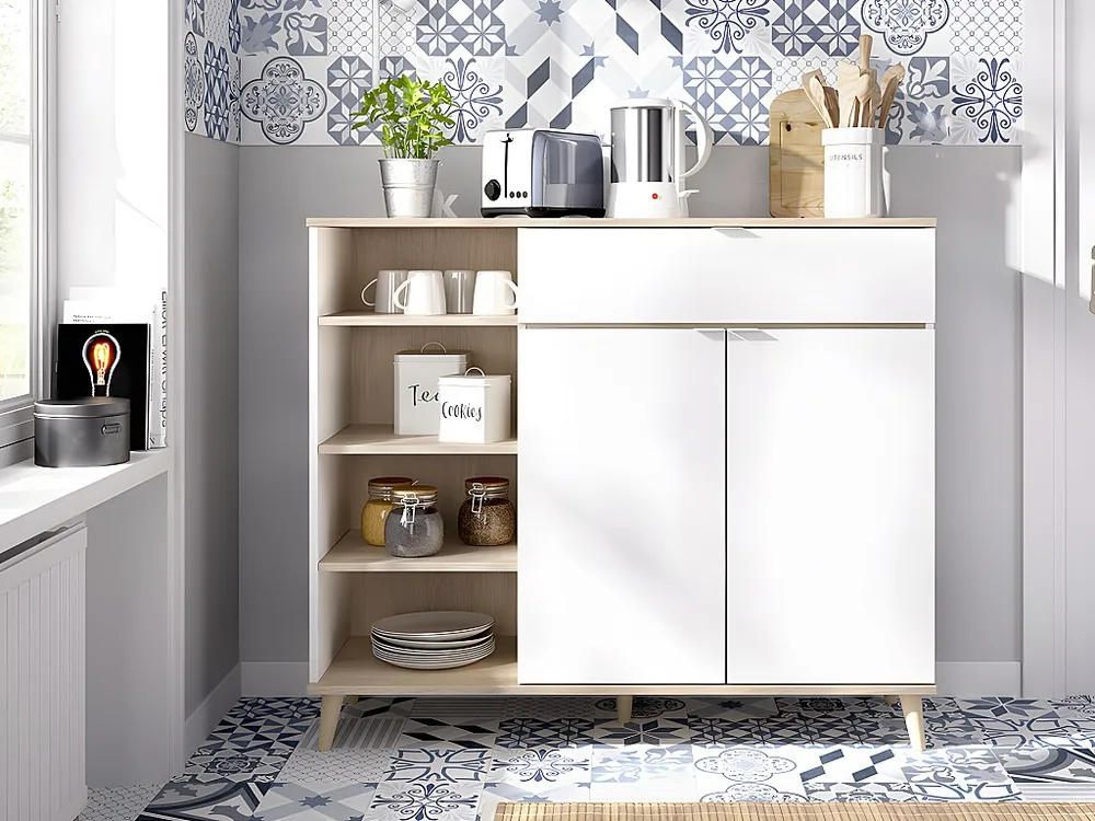 Keukenbuffet WAJDI - 2 deuren, 1 lade en 4 nissen - Wit en eiken - Koop nu online