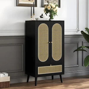 Laag dressoir - H 110 cm - 2 deuren en 1 rotan lade - Zwart