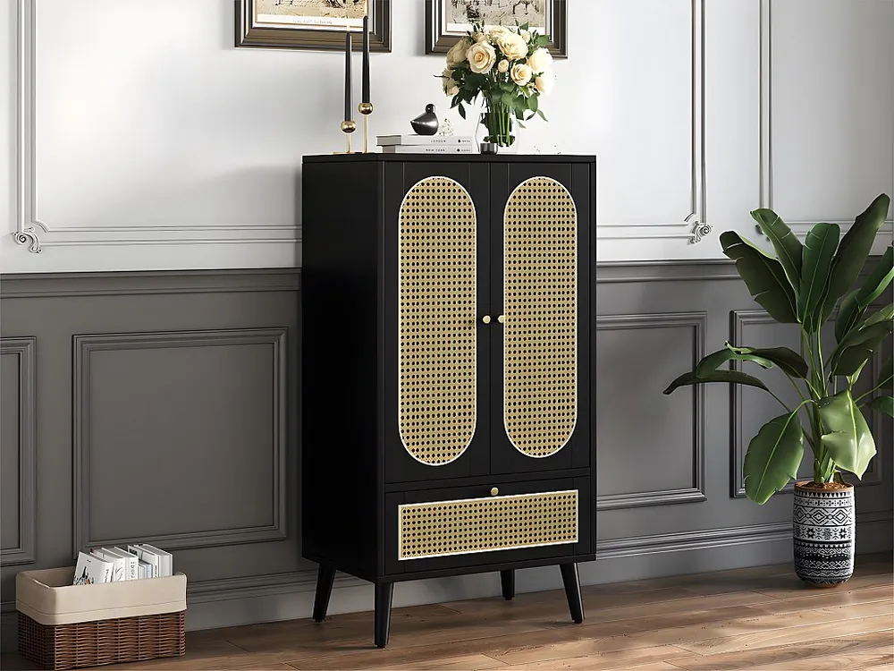 Laag dressoir - H 110 cm - 2 deuren en 1 rotan lade - Zwart