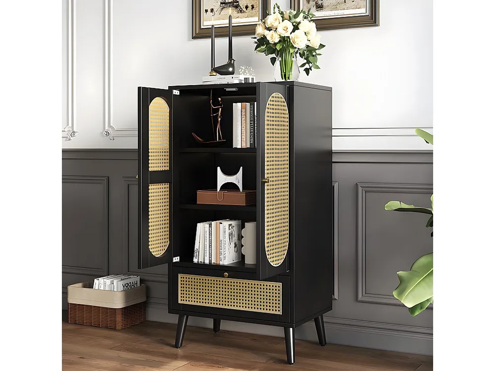 Laag dressoir - H 110 cm - 2 deuren en 1 rotan lade - Zwart