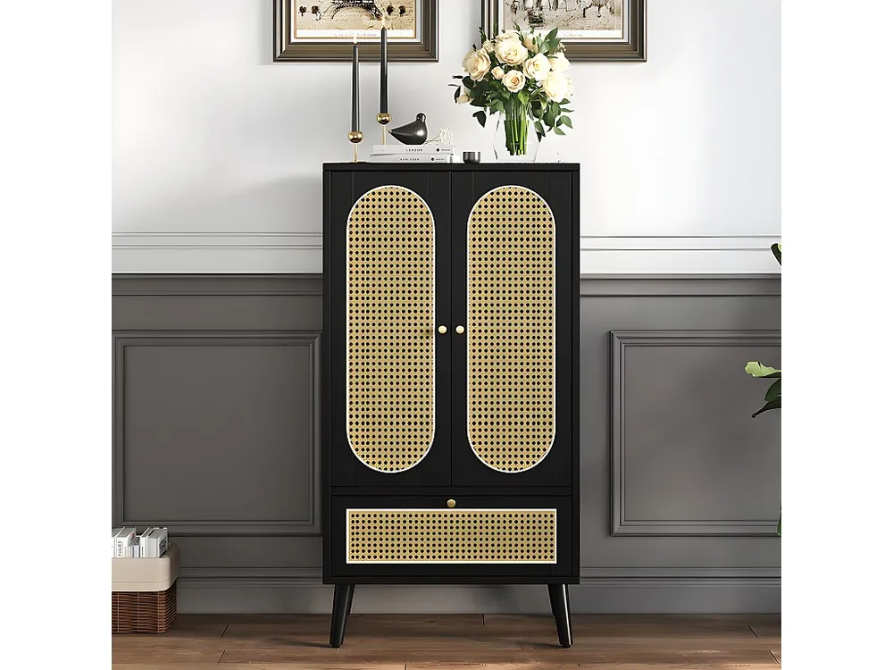 Laag dressoir - H 110 cm - 2 deuren en 1 rotan lade - Zwart