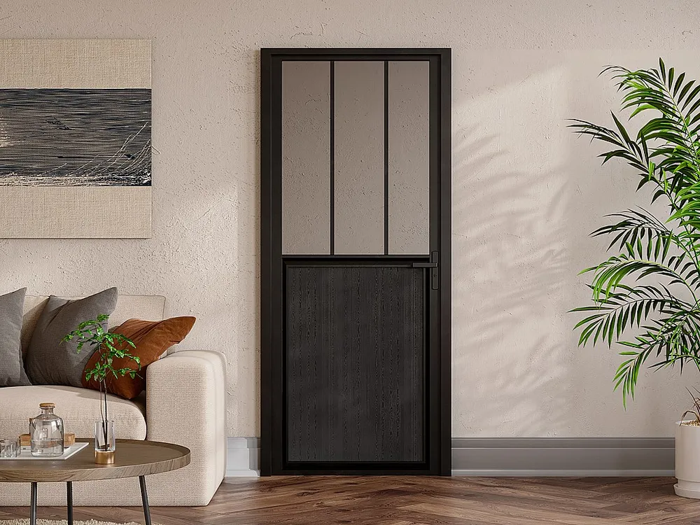 Omkeerbare deur met werkplaatsstijl van aluminium, mdf en gehard glas - H204 x B93 cm - ERMELO