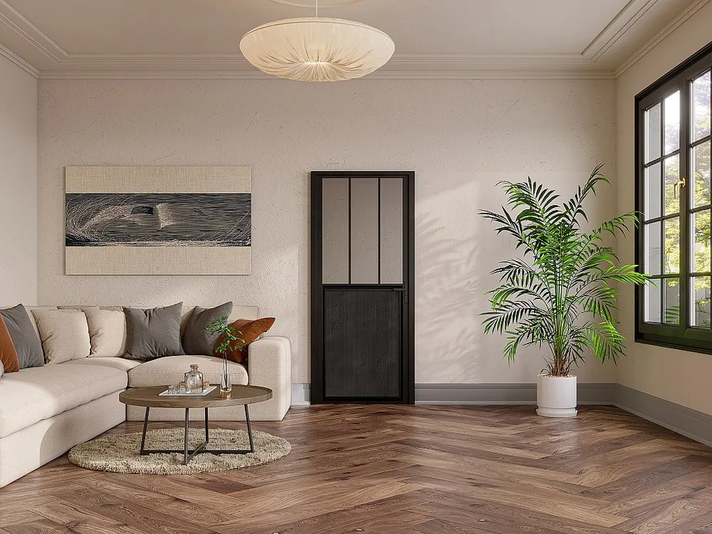 Omkeerbare deur met werkplaatsstijl van aluminium, mdf en gehard glas - H204 x B93 cm - ERMELO