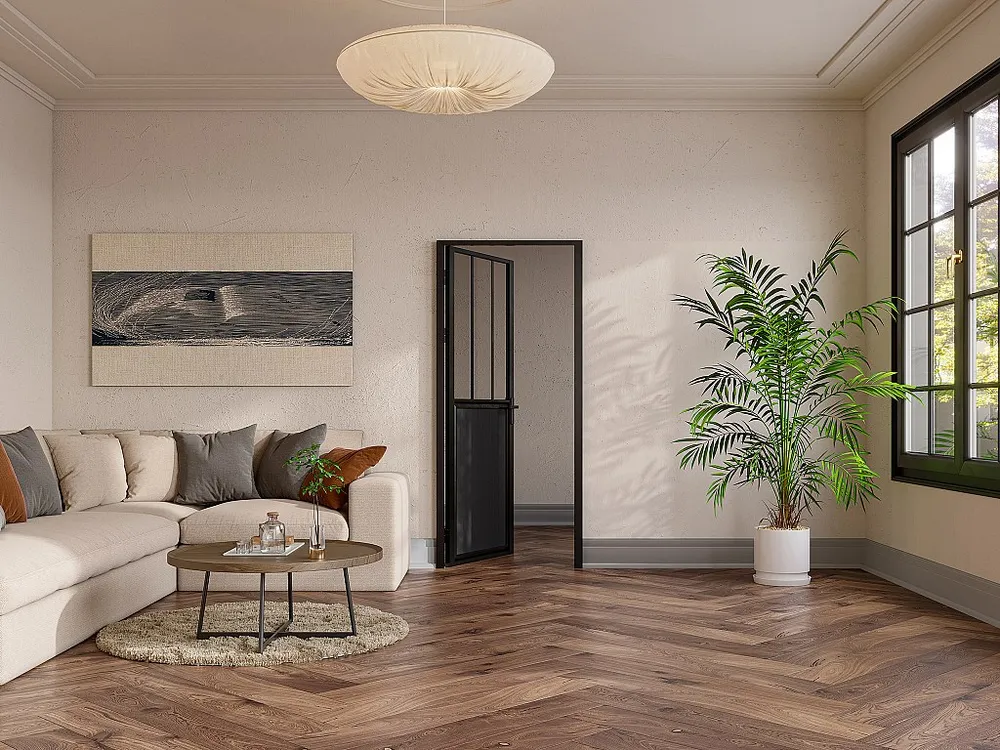 Omkeerbare deur met werkplaatsstijl van aluminium, mdf en gehard glas - H204 x B93 cm - ERMELO