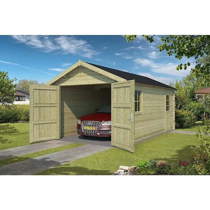 Outdoor Life Products Houten garage SET Dillon 540 - 580 x 340 x 274 cm, Geïmpregneerd, Vuren, Dakkleur: Rood