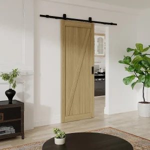 Schuifdeur met rails van hout en mdf, zwak naturel, rustiek - H205 x L63 cm - BALERMA
