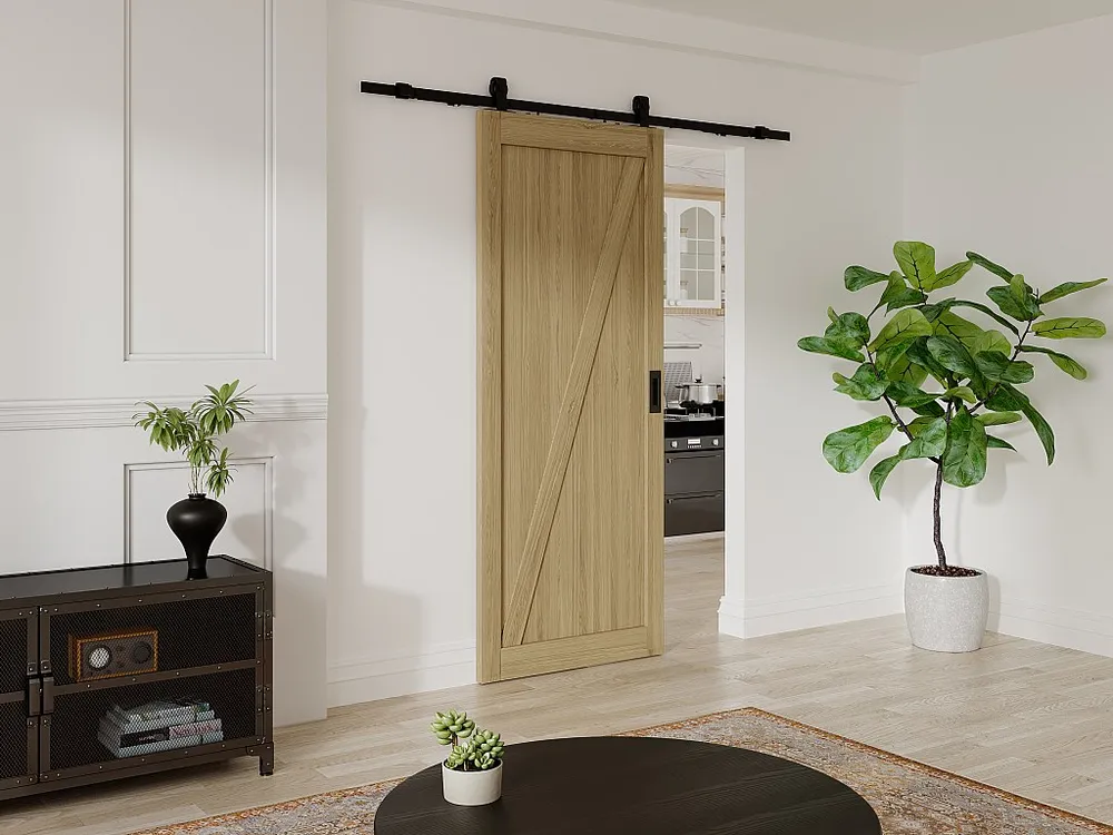 Schuifdeur met rails van hout en mdf, helder naturel, rustiek - H205 x L73 cm - BALERMA