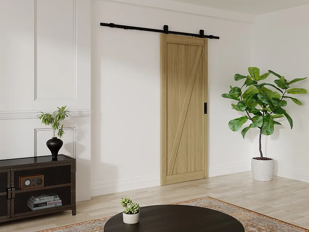 Schuifdeur met rails van hout en mdf, helder naturel, rustiek - H205 x L73 cm - BALERMA
