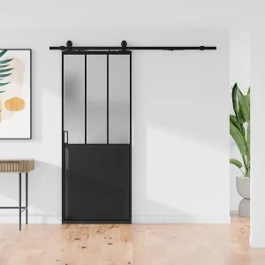 Schuifdeur werkplaatsstijl met rails, mdf en mat gehard glas, H205 cm x L93 cm, ARTISTO II