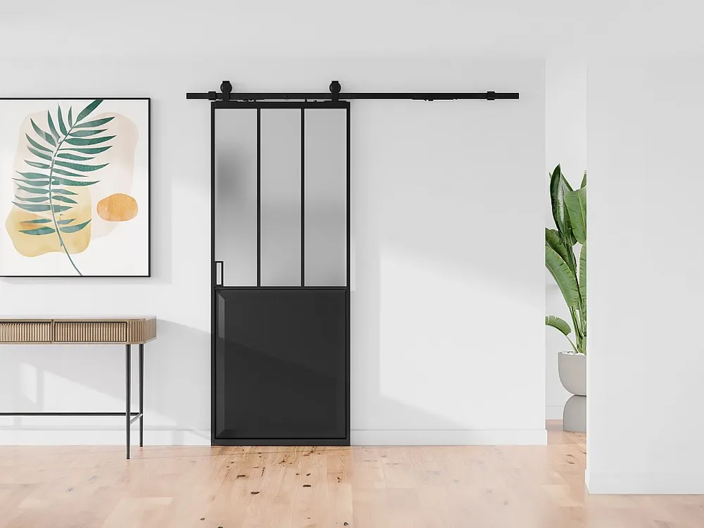 Schuifdeur werkplaatsstijl met rails, mdf en mat gehard glas, H205 cm x L93 cm, ARTISTO II