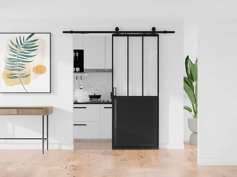 Schuifdeur werkplaatsstijl met rails, mdf en mat gehard glas, H205 cm x L93 cm, ARTISTO II