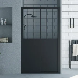 Schuifdouchedeur zwart, werkplaatsstijl, douchewand, 120 x 195 cm, URBANIK