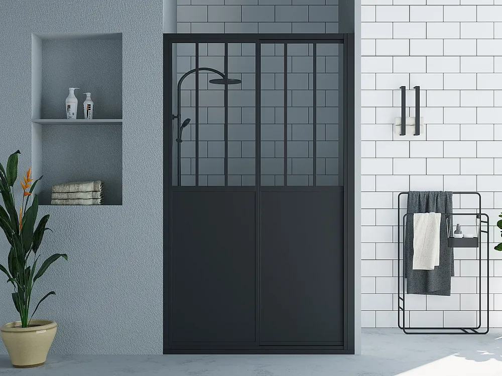 Schuifdouchedeur zwart, werkplaatsstijl, douchewand, 120 x 195 cm, URBANIK