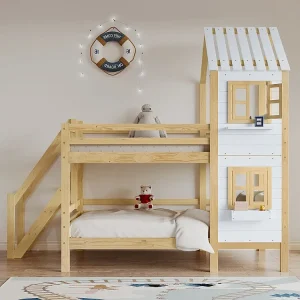 2-zits stapelbed - 2 x 90 x 200 cm - trap, raam en lattenbodem - kleur naturel en wit
