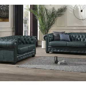 Chesterfield zitbank 3 + 2 positioneren BRENTON 100% buffelleer - Spaans groen - Koop online