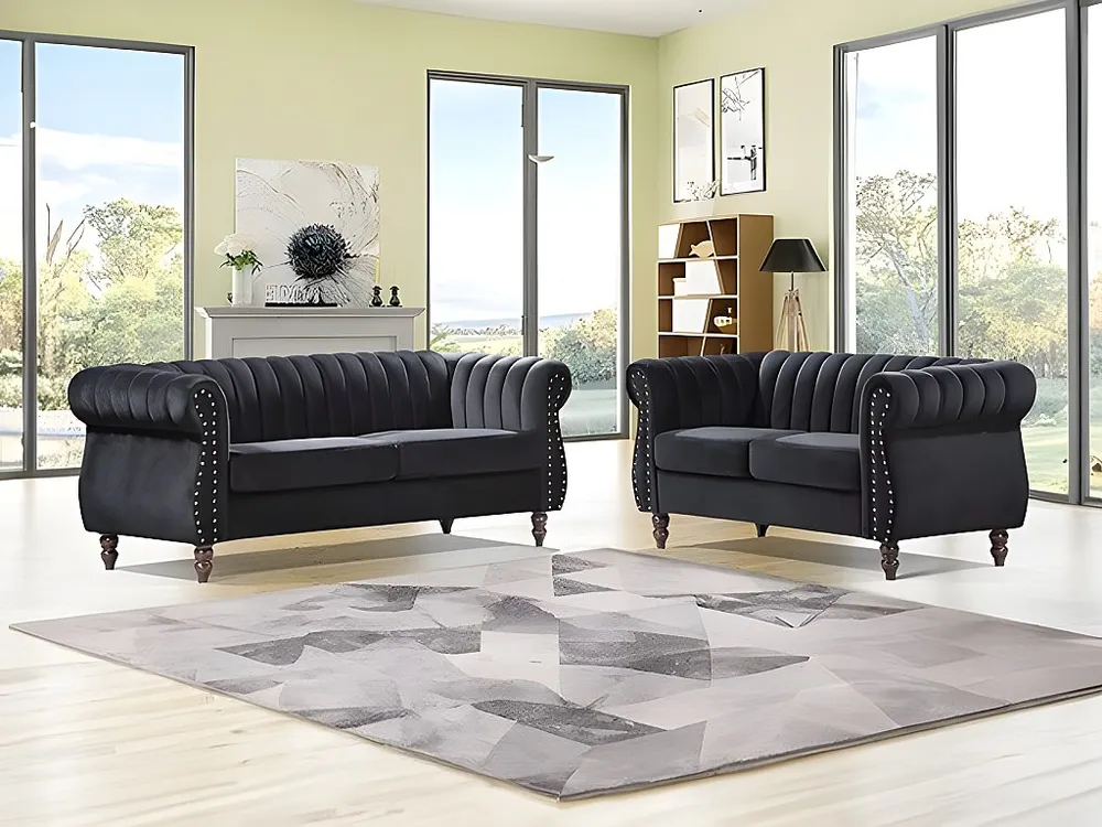 Driezits- en tweezits-Chesterfield-bank van zwart velours TRUMBO