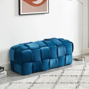 Gevlochten bankje van fluweel FABERO - Eendblauw - Koop nu uw online meubelshop