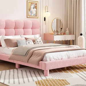 Gewatteerd tweepersoonsbed met Sherpa - 140x200 cm - Roze