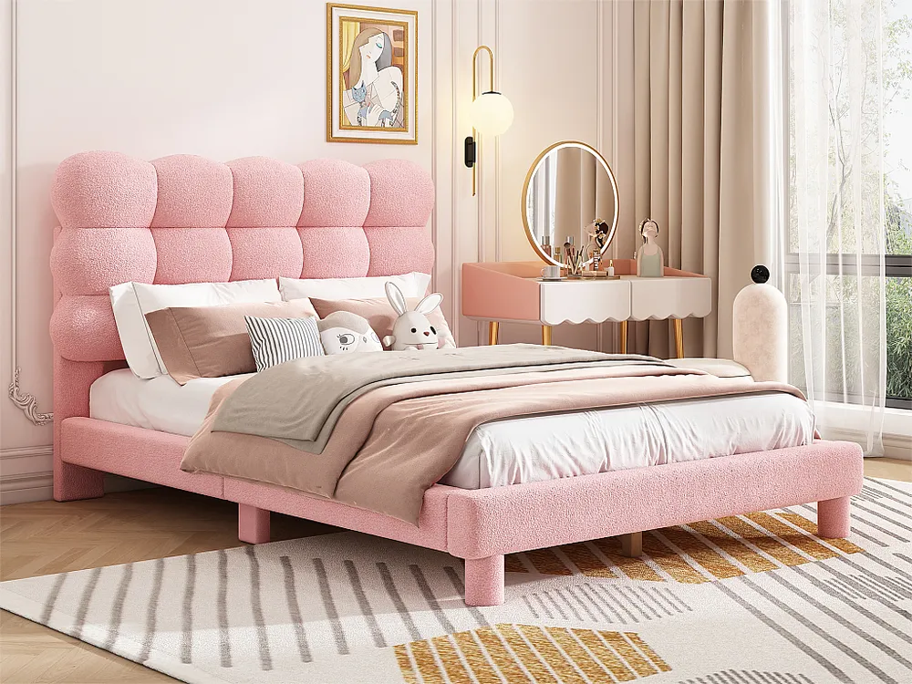 Gewatteerd tweepersoonsbed met Sherpa - 140x200 cm - Roze
