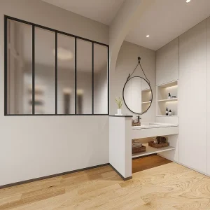 Glasraam werkplaatsstijl van gepoedercoat aluminium en gematteerd glas - 150 x 130 cm, zwart BAYVIEW