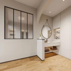 Glasraam werkplaatsstijl van gepoedercoat aluminium en gematteerd glas 120 x 130 cm, zwart BAYVIEW