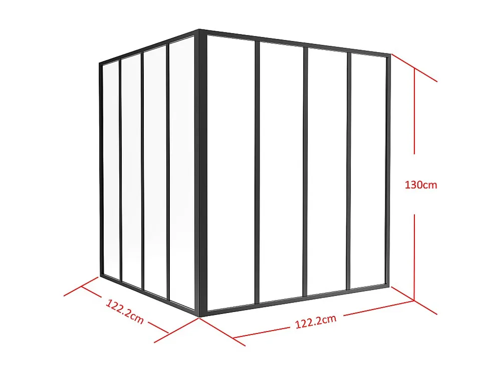 Glazen hoekbinnenraam gepoederlakt aluminium – L120 x L120 x H130 – Zwart – BAYVIEW
