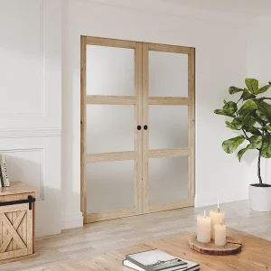 Hangende dubbele schuifdeur met 3 ramen, 2 x L73 cm, mat gehard glas ACOSTA II