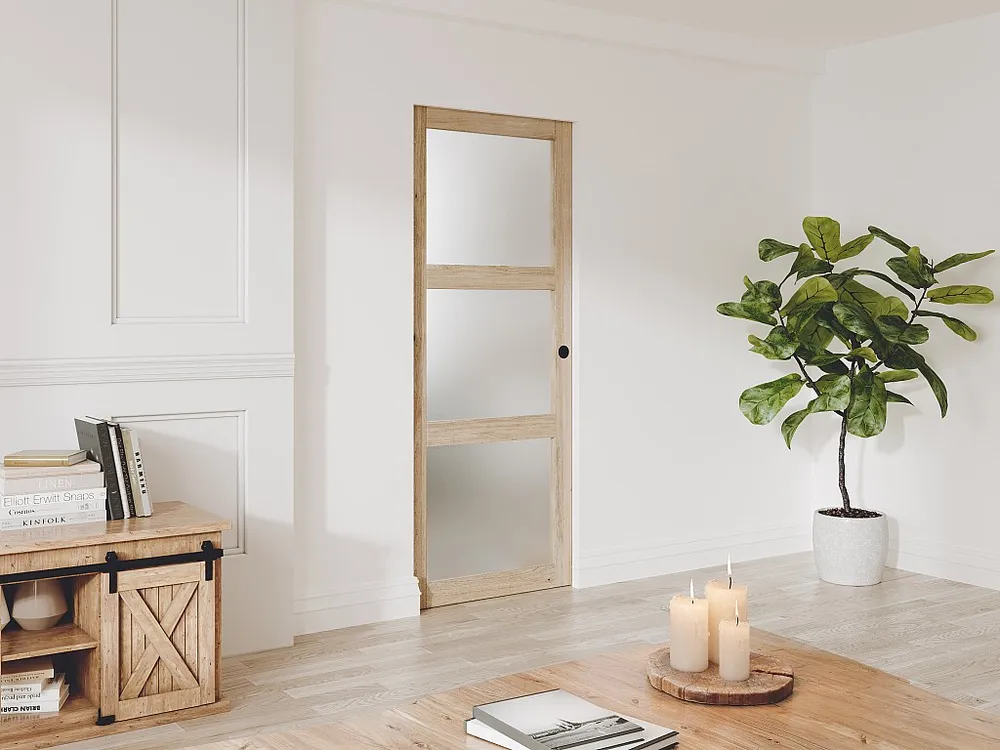 Hangende schuifdeur met rails en 3 ramen, L73 cm, mat glas, ACOSTA II