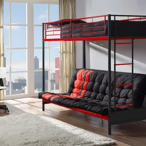 Hoogslaper 90 x 190 cm - Met slaapbank - Metaal - Zwart en rood + Futon - MODULO V