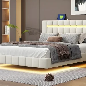 Linnen gewatteerd tweepersoonsbed - 160x200cm - zwevend bed met LED-verlichting en USB-oplaadpoorten - Ecru