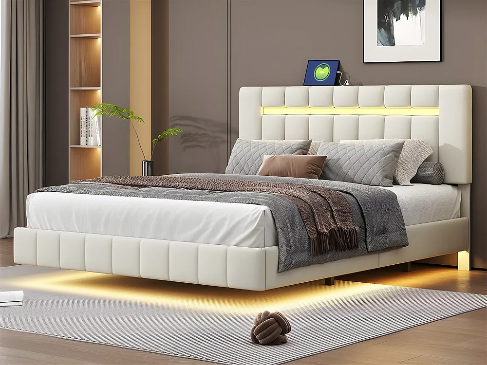 Linnen gewatteerd tweepersoonsbed - 160x200cm - zwevend bed met LED-verlichting en USB-oplaadpoorten - Ecru