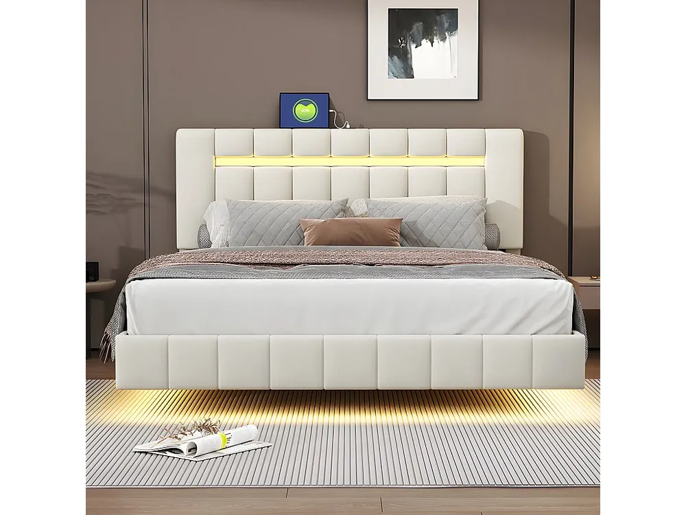 Linnen gewatteerd tweepersoonsbed - 160x200cm - zwevend bed met LED-verlichting en USB-oplaadpoorten - Ecru